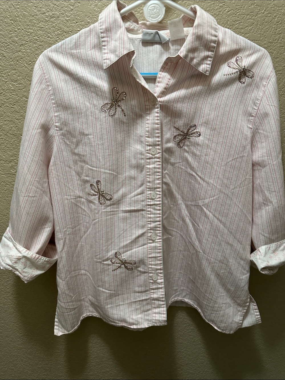 Alfred Dunner Dragonflies & stripes button down top. Size 14